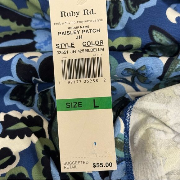 NWT Ruby Rd. Blue Floral Print Beaded Tunic Top L 3/4 Sleeve Cotton Blend Resort - Picture 9 of 11